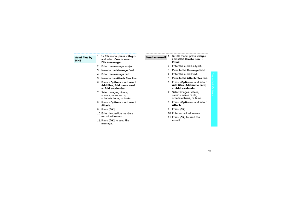 Samsung SGH-ZM60BKMCRO, SGH-ZM60ASMCRO, SGH-ZM60ZWMCRO manual Send files by, Press Options and select Attach Press OK 
