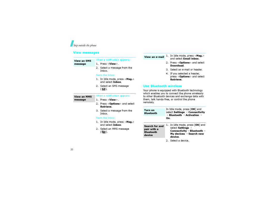 Samsung SGH-ZM60ABMCRO, SGH-ZM60ASMCRO, SGH-ZM60ZWMCRO, SGH-ZM60BKMCRO, SGH-ZM60ZKMCRO View messages, Use Bluetooth wireless 