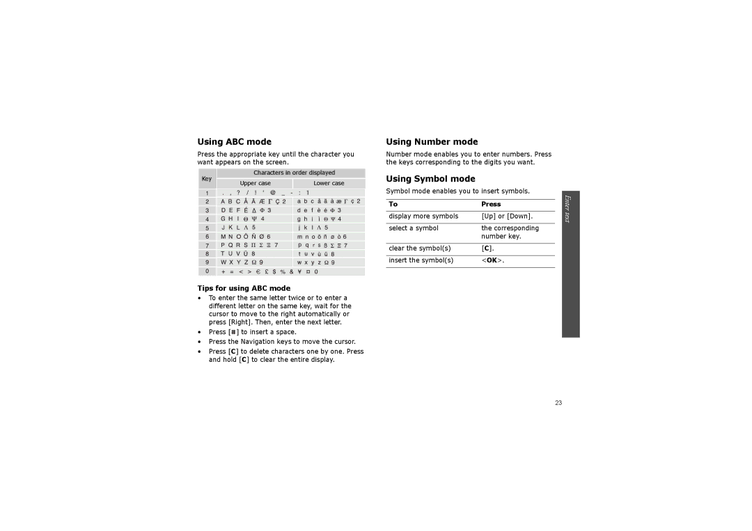 Samsung SGH-ZM60ZWMCRO, SGH-ZM60ASMCRO manual Enter text, Tips for using ABC mode, Symbol mode enables you to insert symbols 