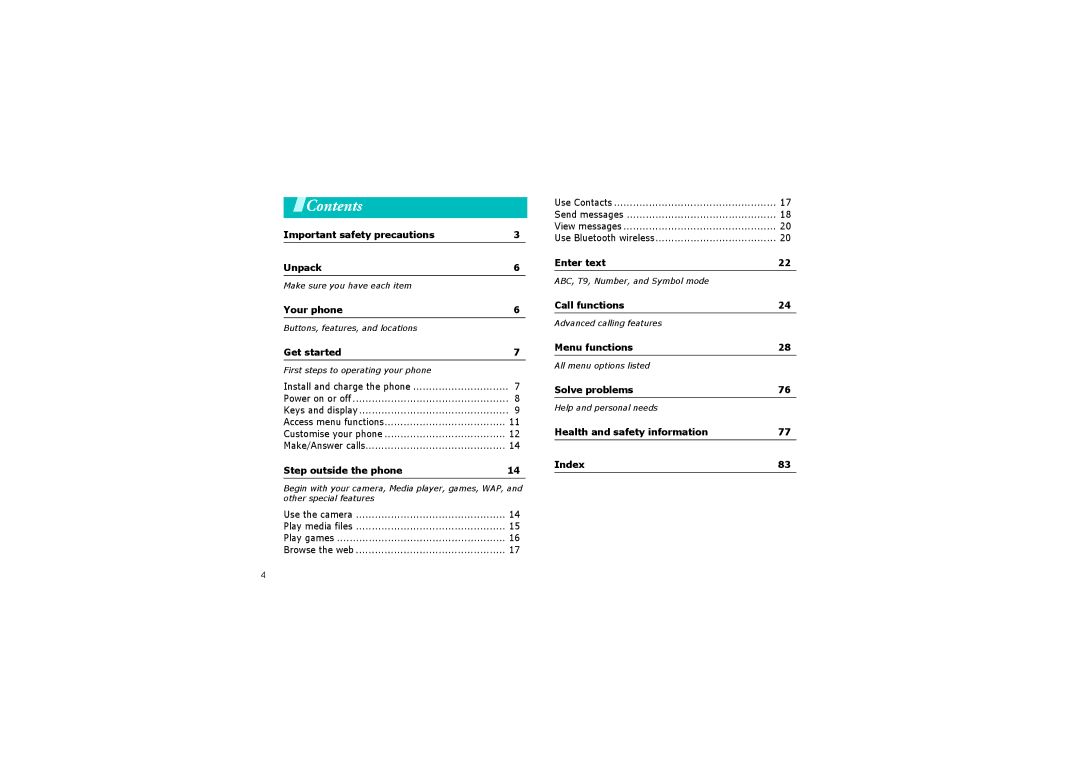 Samsung SGH-ZM60BKMCRO, SGH-ZM60ASMCRO, SGH-ZM60ZWMCRO, SGH-ZM60ABMCRO, SGH-ZM60ZKMCRO manual Contents 