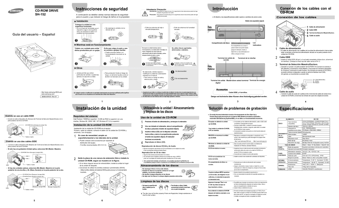 Samsung SH-152 dimensions Cable de alimentación, Cable Eide, Terminal de Selección Maestro/Esclavo, Cable de audio 