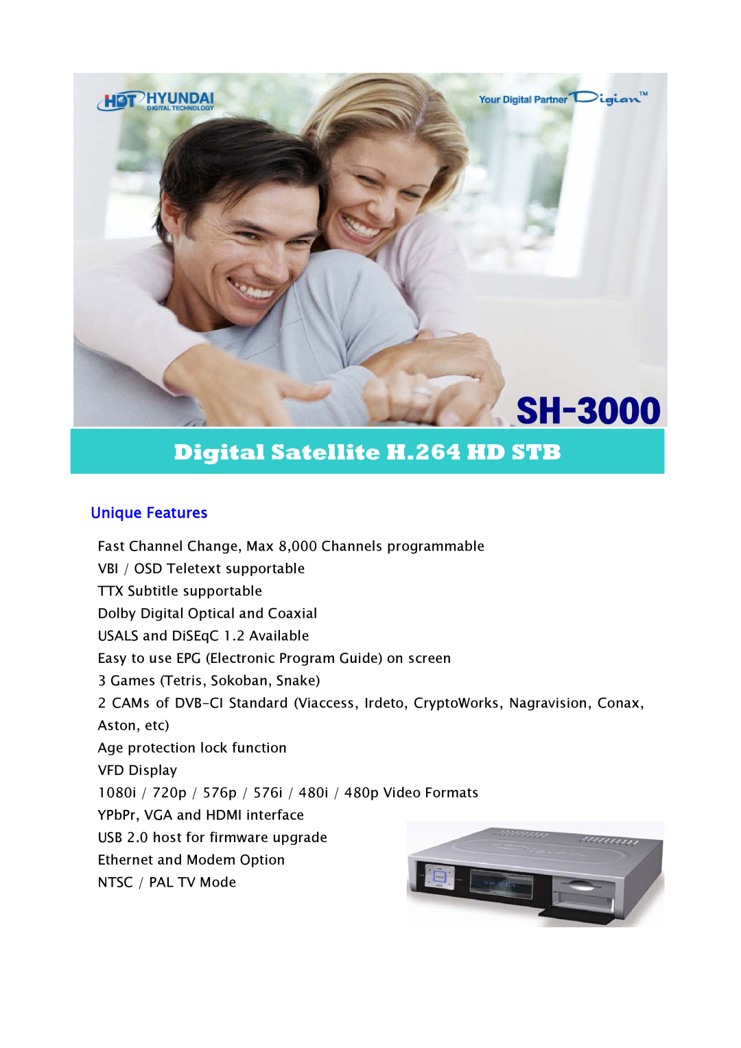Samsung SH-3000 manual Unique Features, Digital Satellite H.264 HD STB 