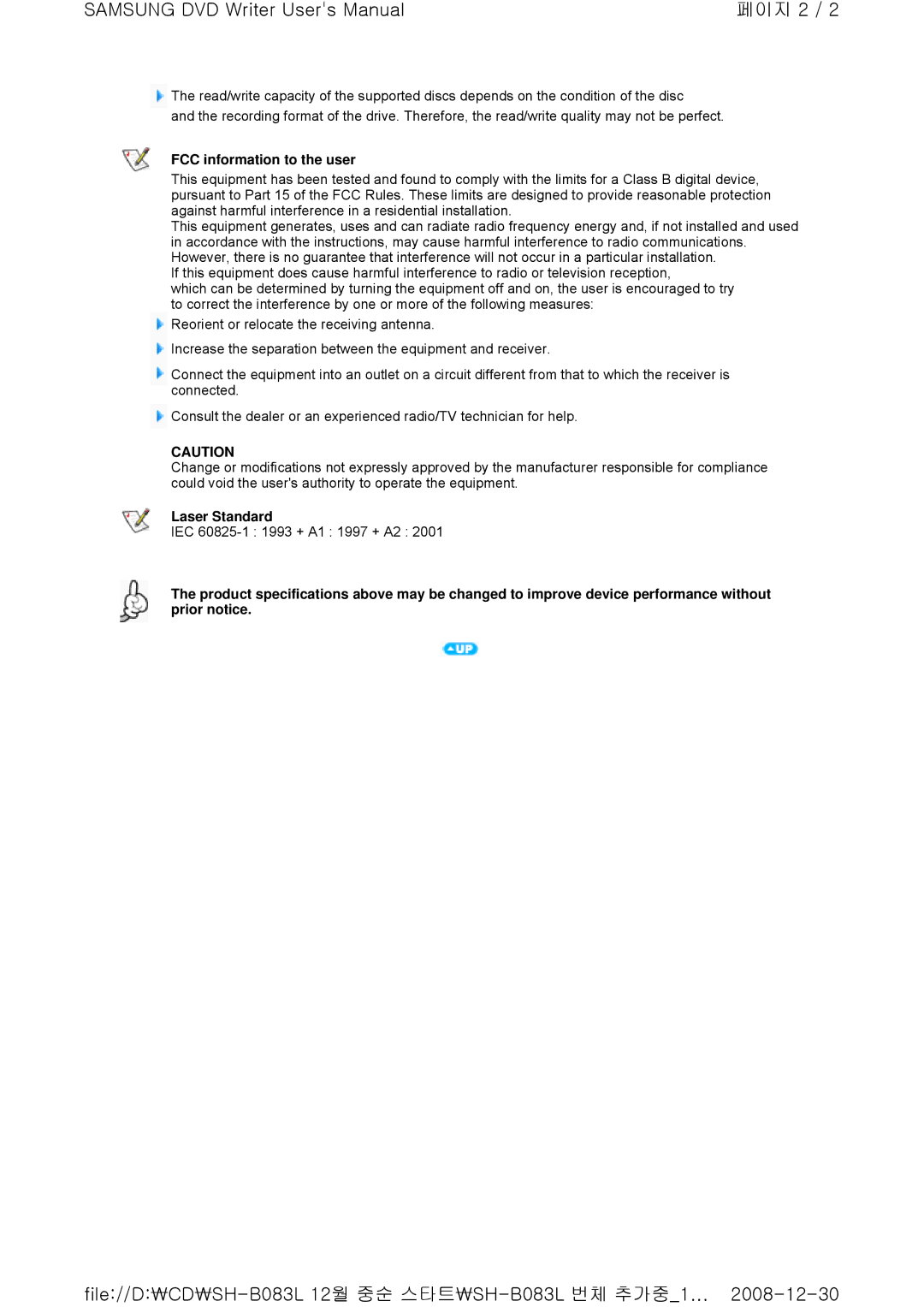 Samsung TS-HB33, SH-B083L user manual FCC information to the user, Laser Standard 