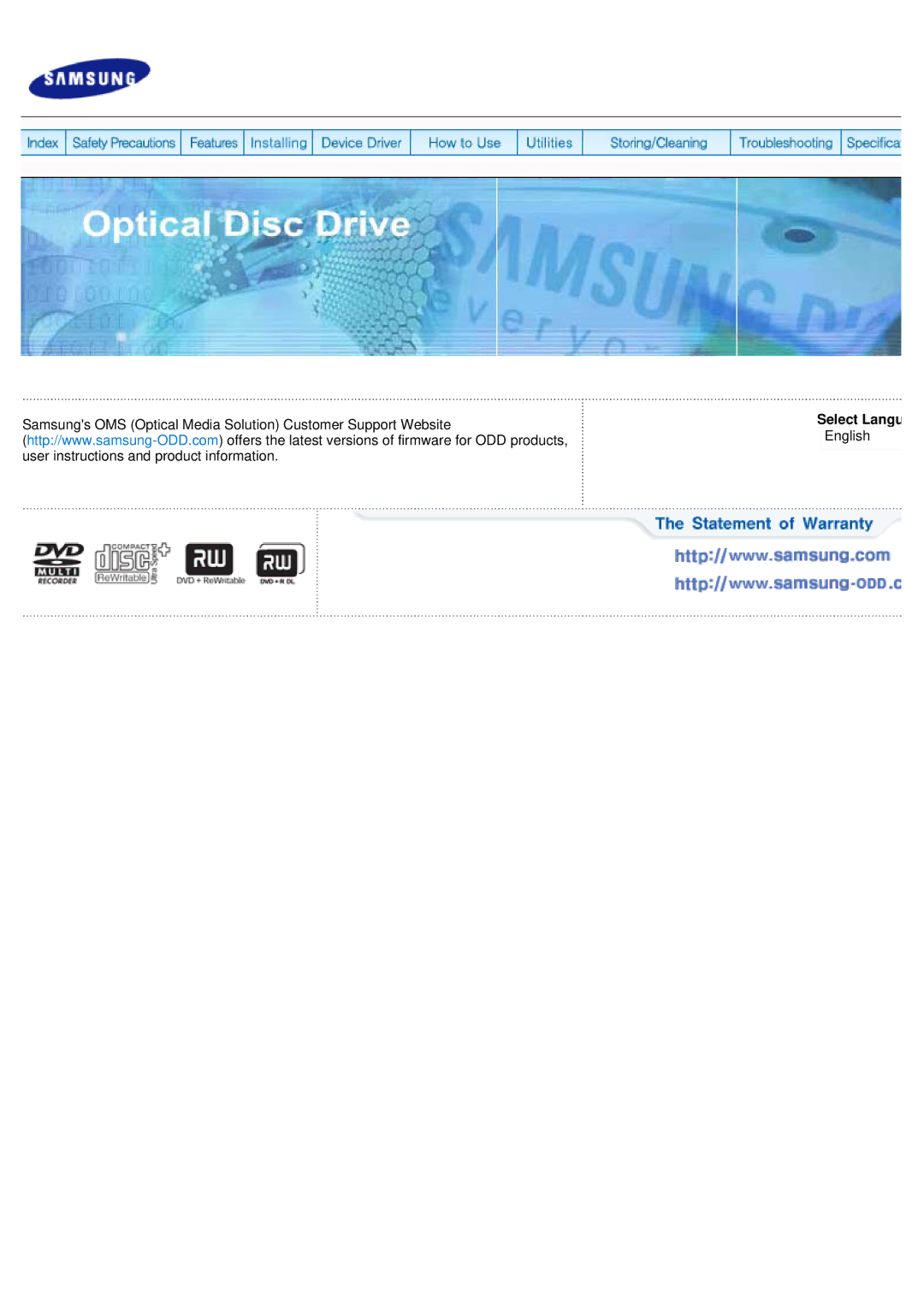 Samsung SH-S222L/BEBS user manual Samsungs OMS Optical Media Solution Customer Support Website 