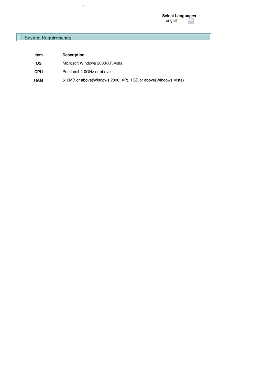 Samsung SH-S222L/BEBS user manual Description, Microsoft Windows 2000/XP/Vista, Cpu, Pentium4 2.0GHz or above, Ram 