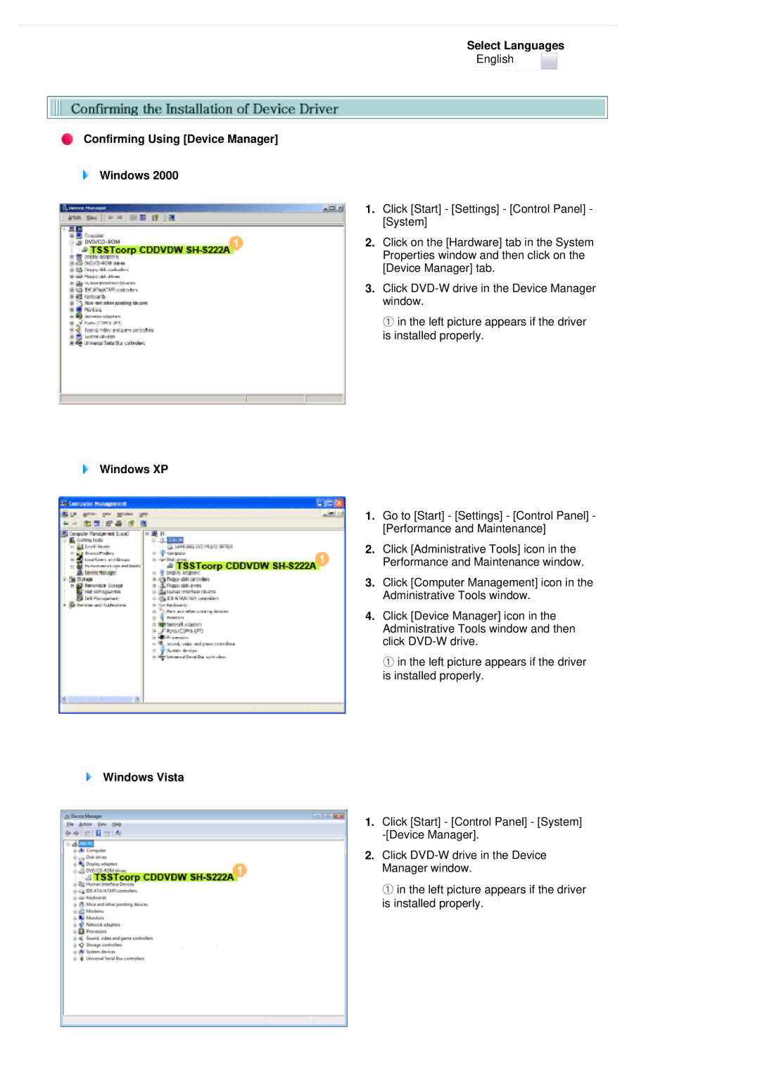 Samsung SH-S222L/BEBS user manual Confirming Using Device Manager Windows, Windows XP, Windows Vista 