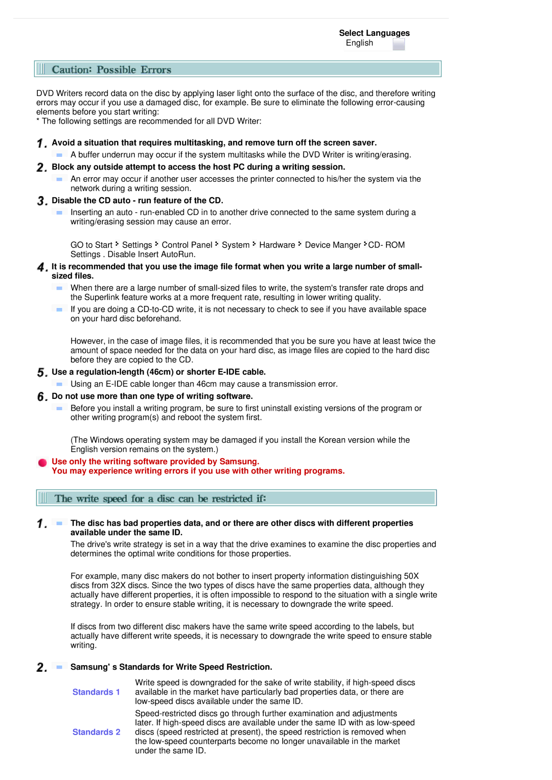 Samsung SH-S222L/BEBS Disable the CD auto run feature of the CD, Use a regulation-length 46cm or shorter E-IDE cable 