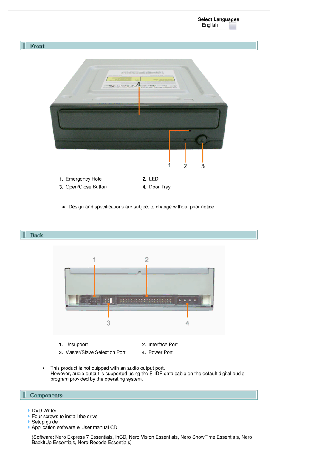 Samsung SH-S222L/BEBS user manual Emergency Hole, Led, Open/Close Button Door Tray 