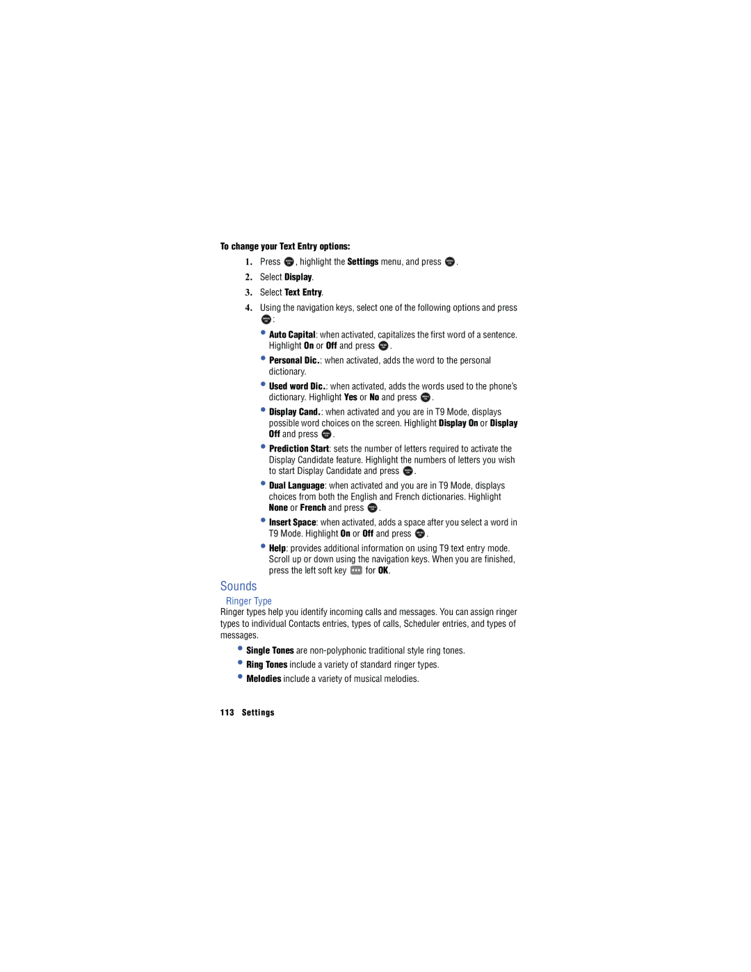 Samsung SH-u740 manual Sounds, Ringer Type, To change your Text Entry options Press, Select Text Entry 