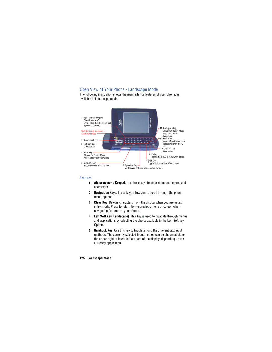 Samsung SH-u740 manual Open View of Your Phone Landscape Mode, Features 