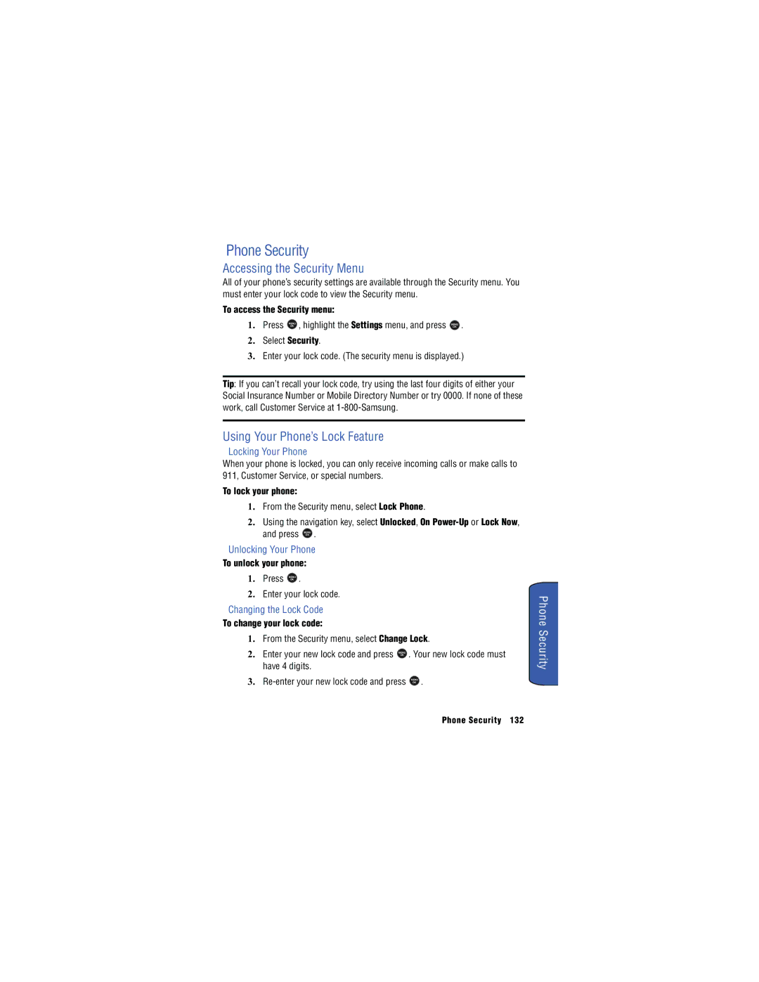 Samsung SH-u740 manual Phone Security, Accessing the Security Menu, Using Your Phone’s Lock Feature 
