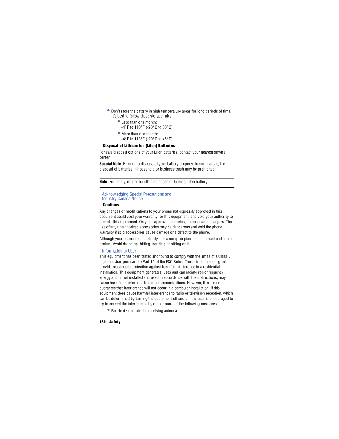 Samsung SH-u740 Disposal of Lithium Ion LiIon Batteries, Information to User, Reorient / relocate the receiving antenna 