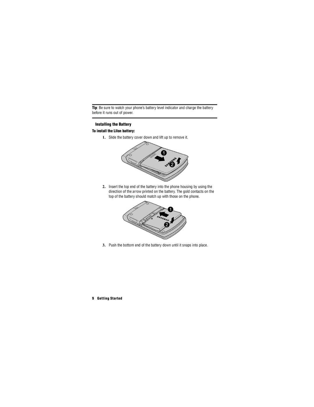 Samsung SH-u740 manual Installing the Battery, To install the LiIon battery 