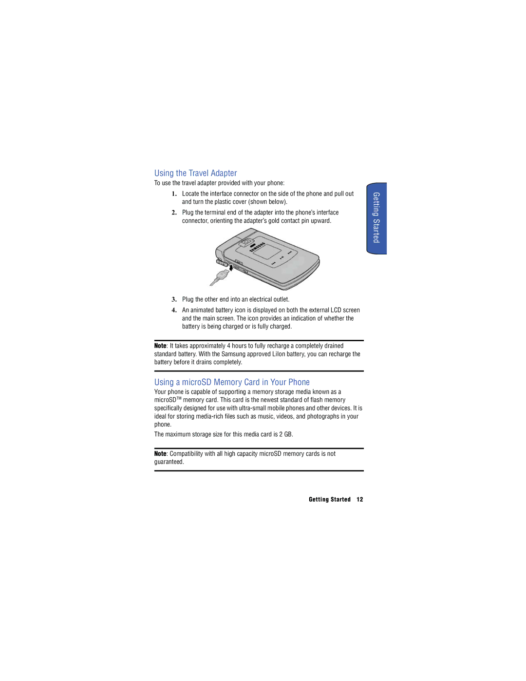 Samsung SH-u740 manual Using the Travel Adapter, Using a microSD Memory Card in Your Phone 