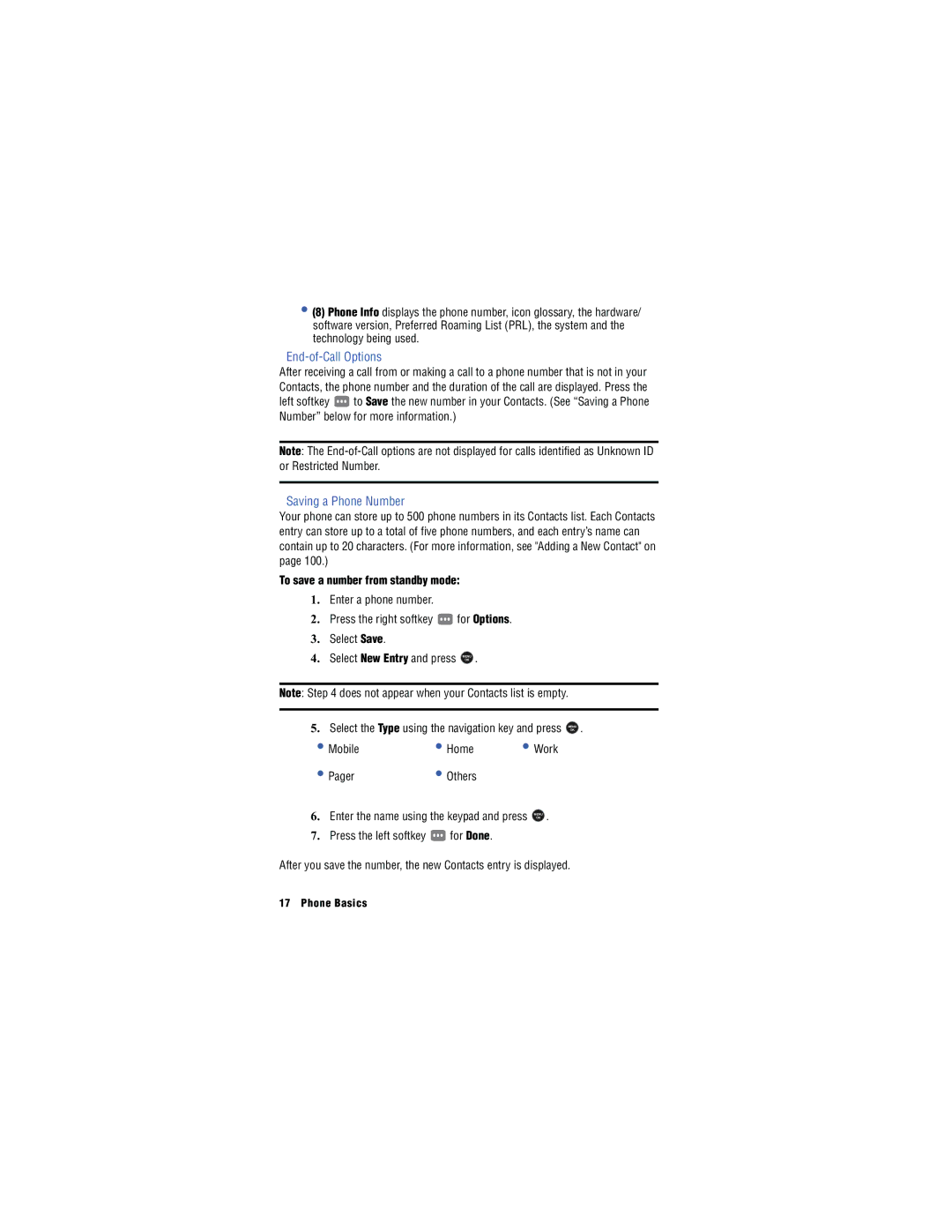 Samsung SH-u740 manual End-of-Call Options, Saving a Phone Number, To save a number from standby mode 