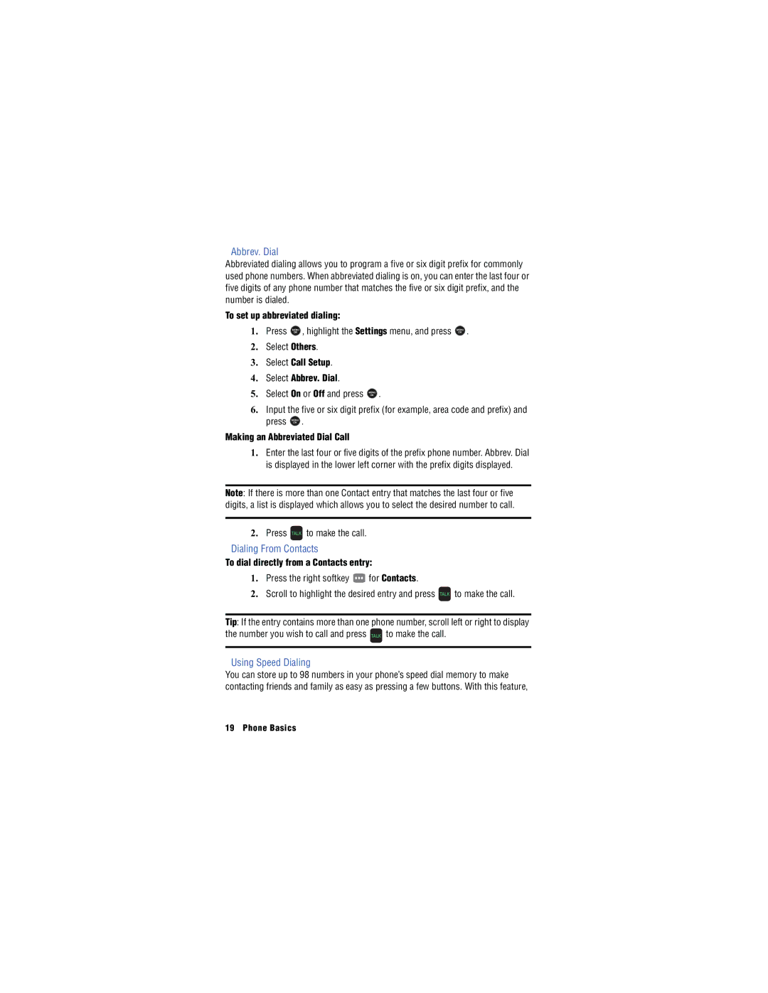 Samsung SH-u740 manual Abbrev. Dial, Dialing From Contacts, Using Speed Dialing 