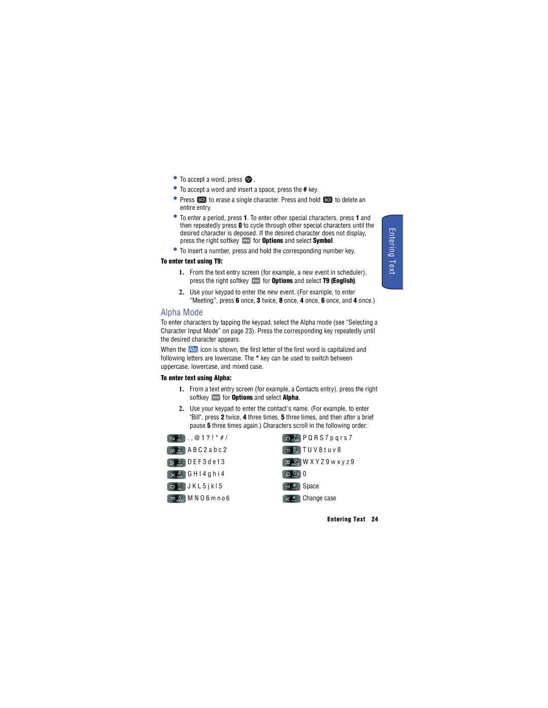 Samsung SH-u740 manual Alpha Mode, Entering Text, To enter text using T9, To enter text using Alpha 
