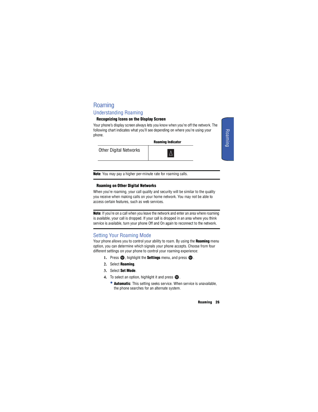 Samsung SH-u740 manual Understanding Roaming, Setting Your Roaming Mode 