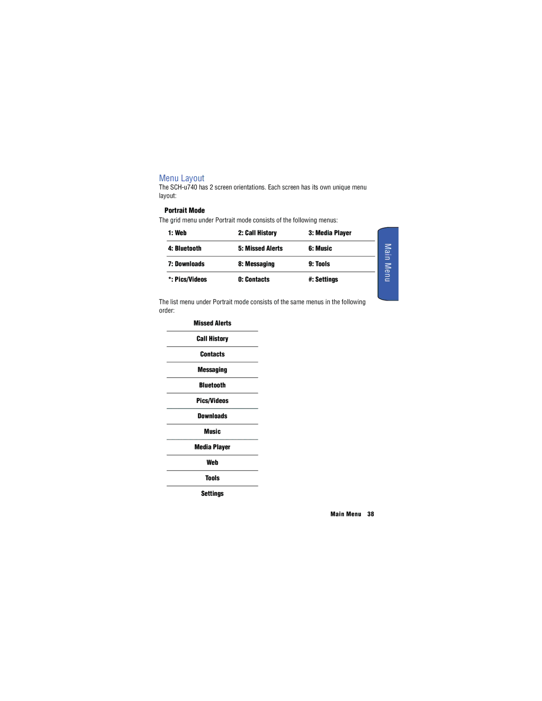 Samsung SH-u740 manual Menu Layout, Portrait Mode, Order 