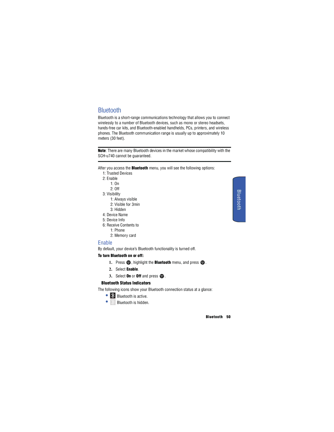 Samsung SH-u740 manual Enable, Bluetooth Status Indicators 
