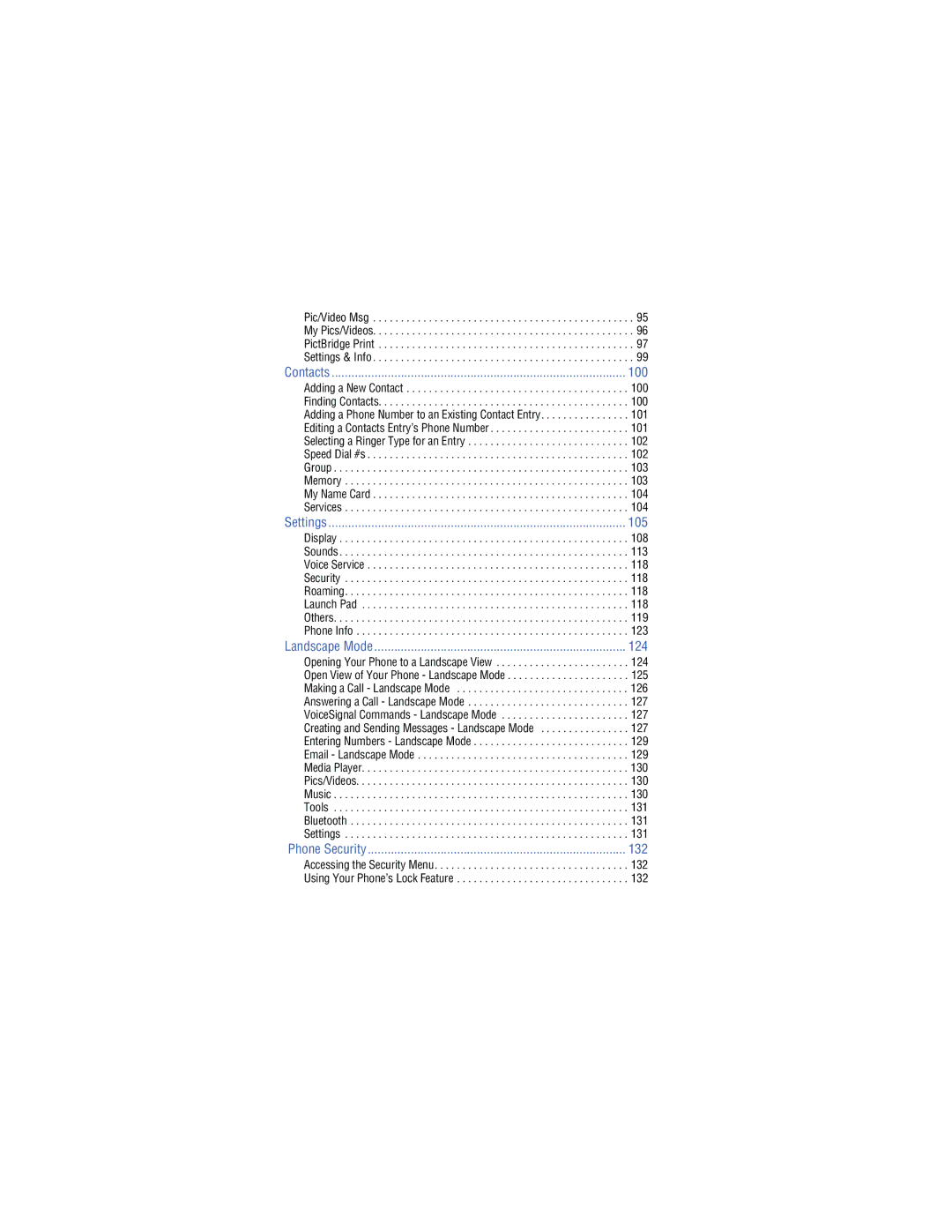 Samsung SH-u740 manual 100, 105, 124, 132, Accessing the Security Menu Using Your Phone’s Lock Feature 