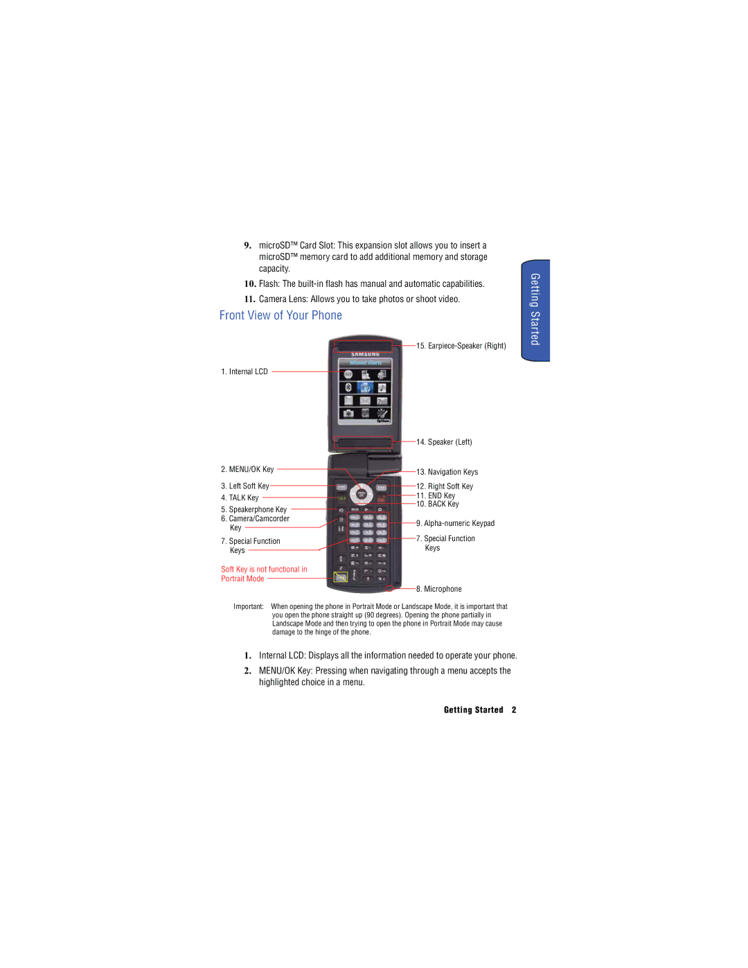 Samsung SH-u740 manual Front View of Your Phone, Getting Started 