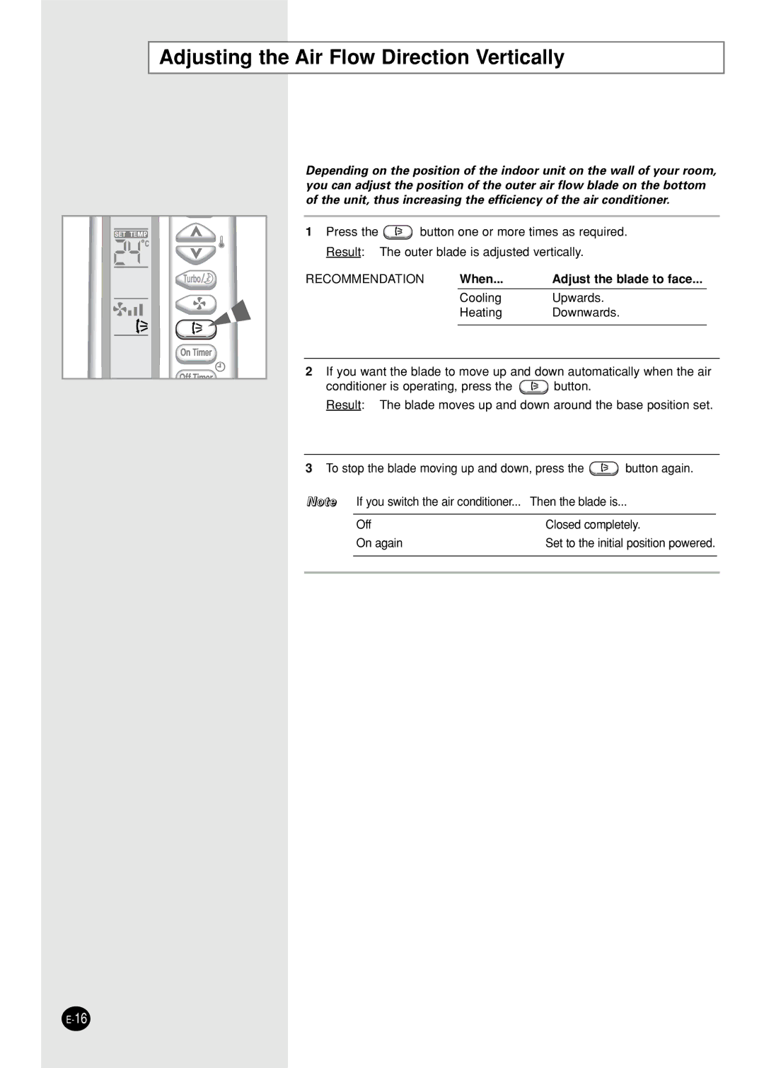 Samsung SH05ZZ8/SEK manual Adjusting the Air Flow Direction Vertically, Recommendation 