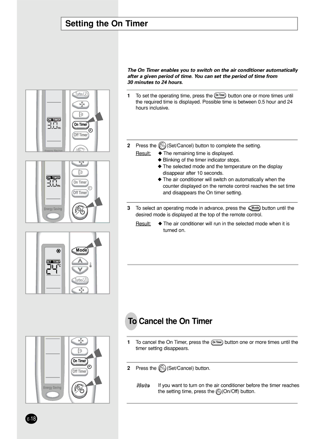 Samsung SH05ZZ8/SEK manual Setting the On Timer, To Cancel the On Timer 