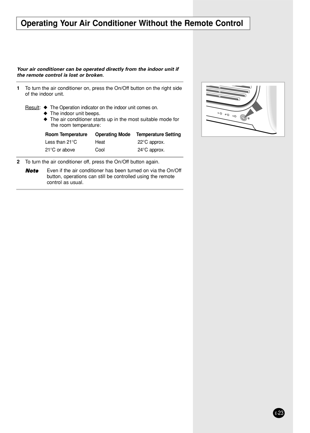 Samsung SH05ZZ8/SEK manual Operating Your Air Conditioner Without the Remote Control, Room Temperature Operating Mode 