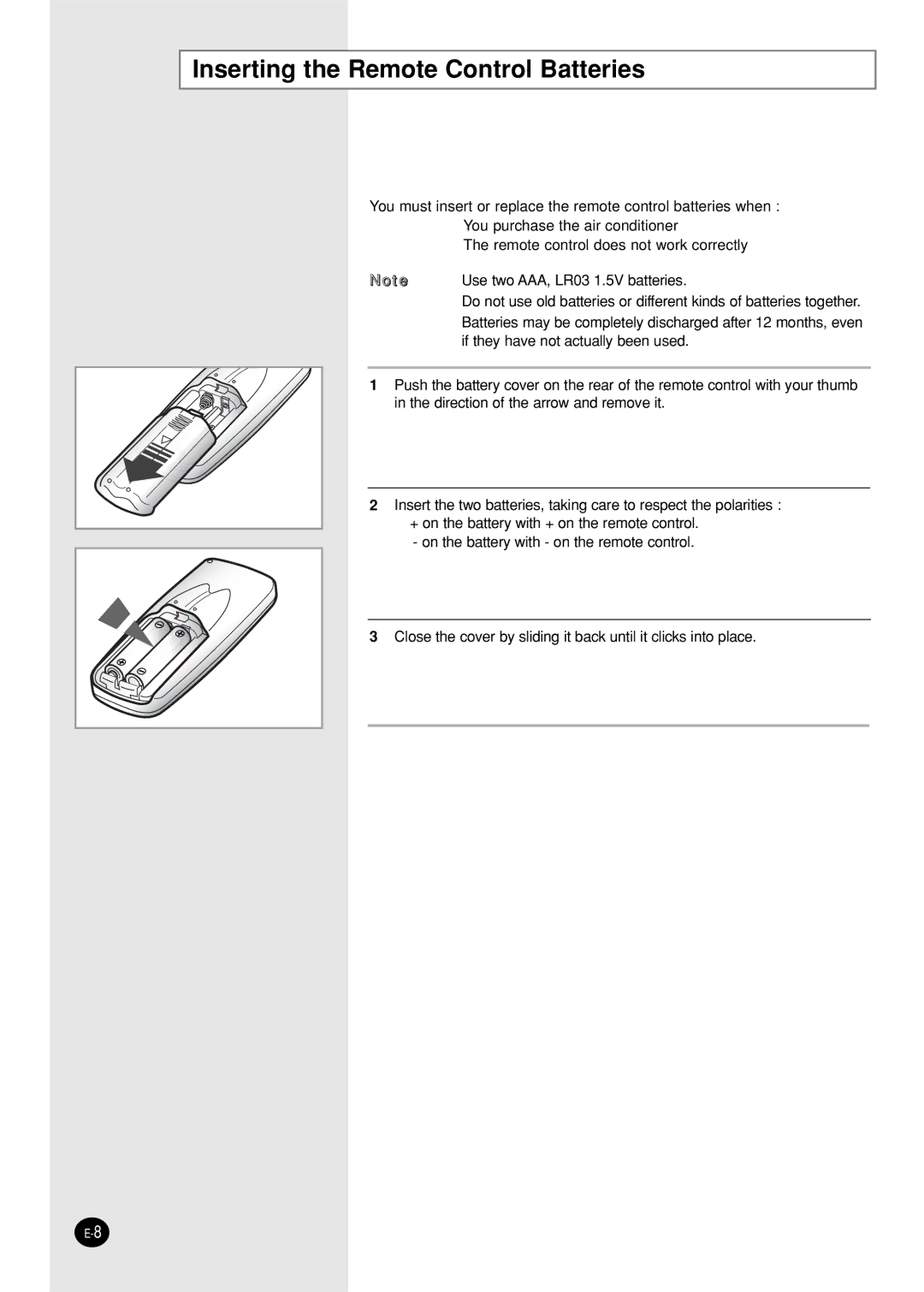 Samsung SH05ZZ8/SEK manual Inserting the Remote Control Batteries 