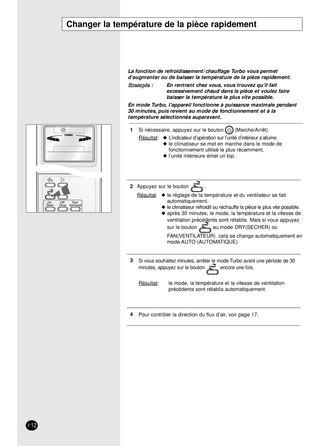 Samsung SH09APGG, SH07APGG, SH07APGAG manual Changer la température de la pièce rapidement 