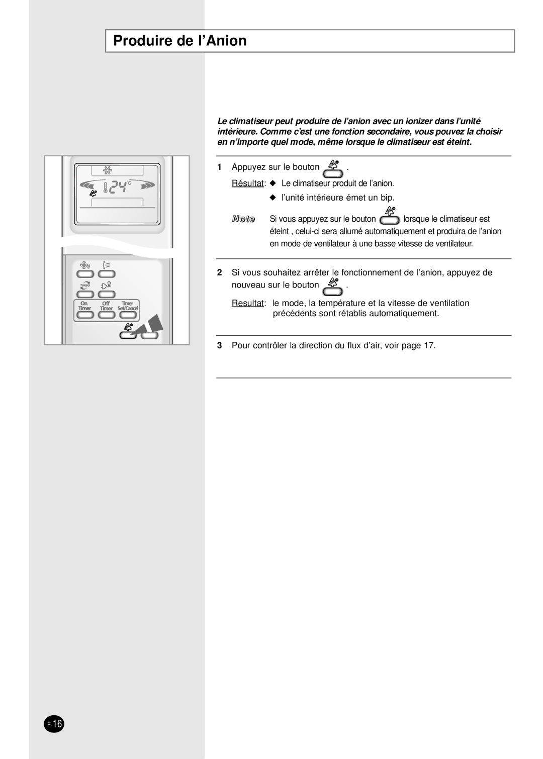 Samsung SH07APGAG, SH09APGG, SH07APGG manual Produire de l’Anion 