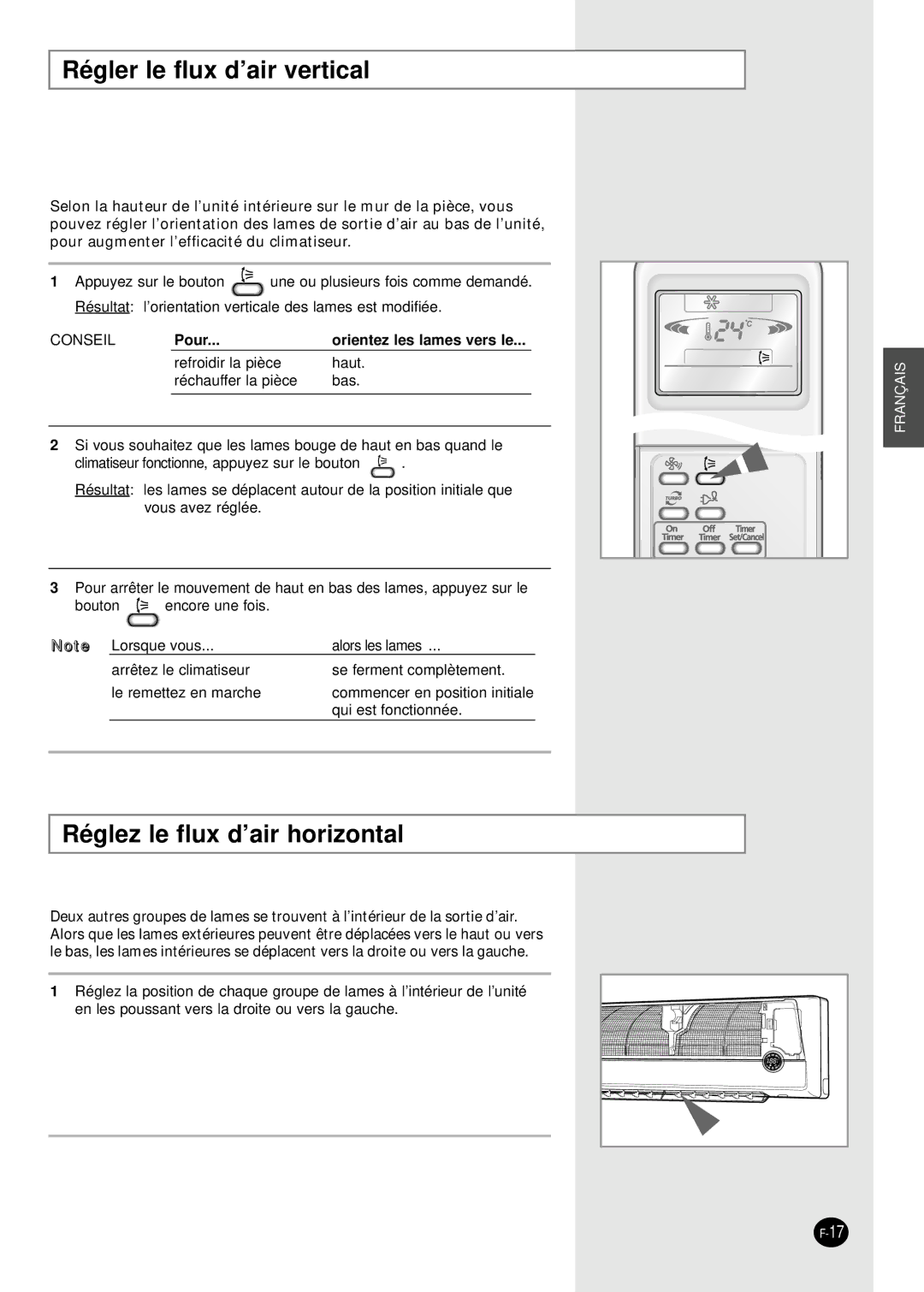 Samsung SH09APGG, SH07APGG, SH07APGAG manual Régler le flux d’air vertical, Réglez le flux d’air horizontal 