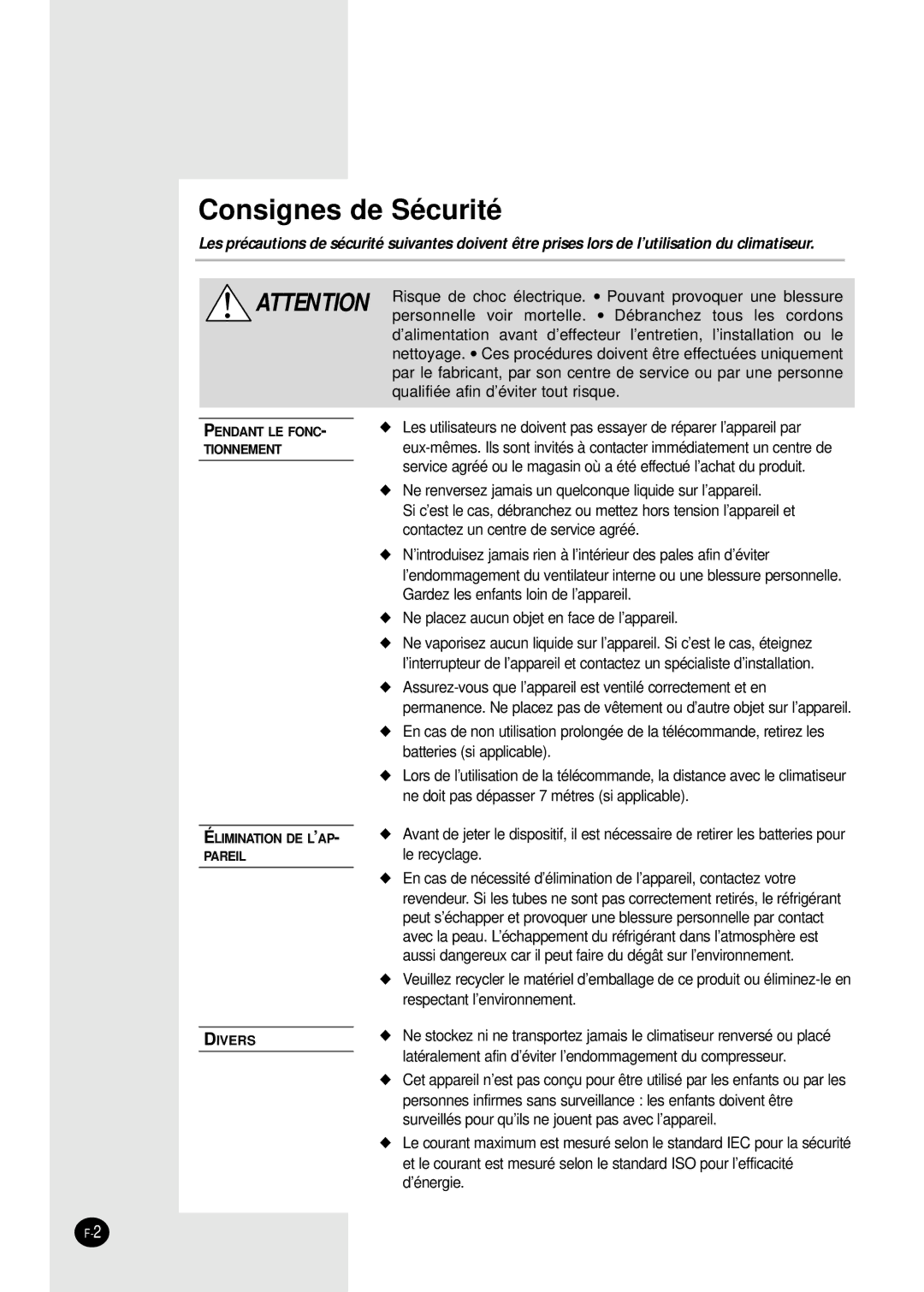 Samsung SH09APGG, SH07APGG, SH07APGAG manual Consignes de Sécurité 