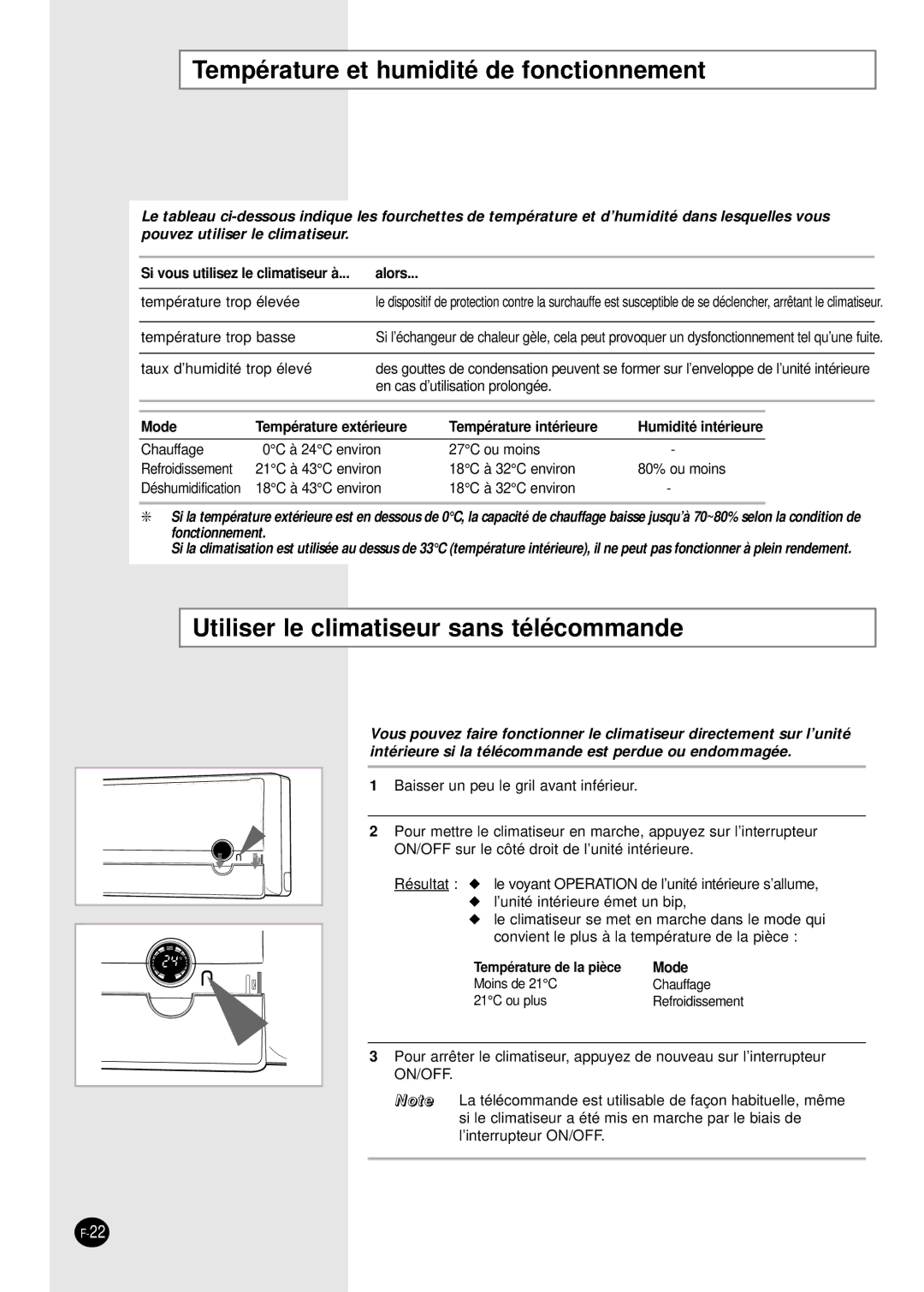 Samsung SH07APGAG, SH09APGG manual Température et humidité de fonctionnement, Utiliser le climatiseur sans télécommande 