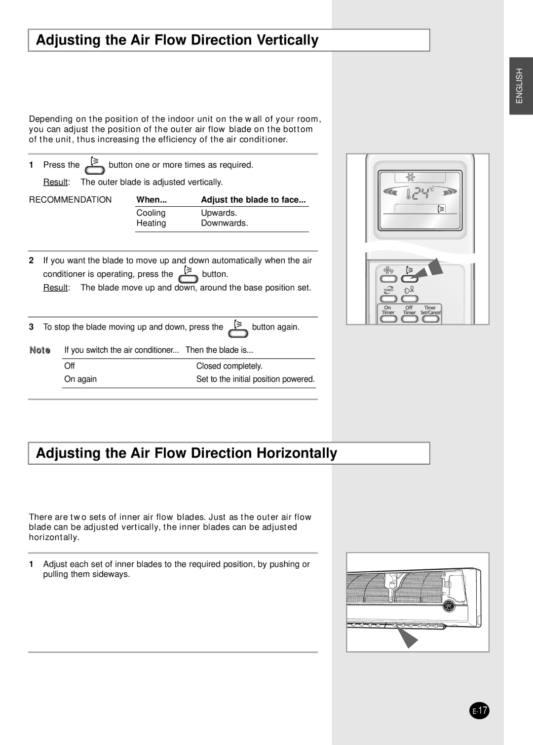 Samsung SH07APGA, SH09APG manual Adjusting the Air Flow Direction Vertically, Adjusting the Air Flow Direction Horizontally 