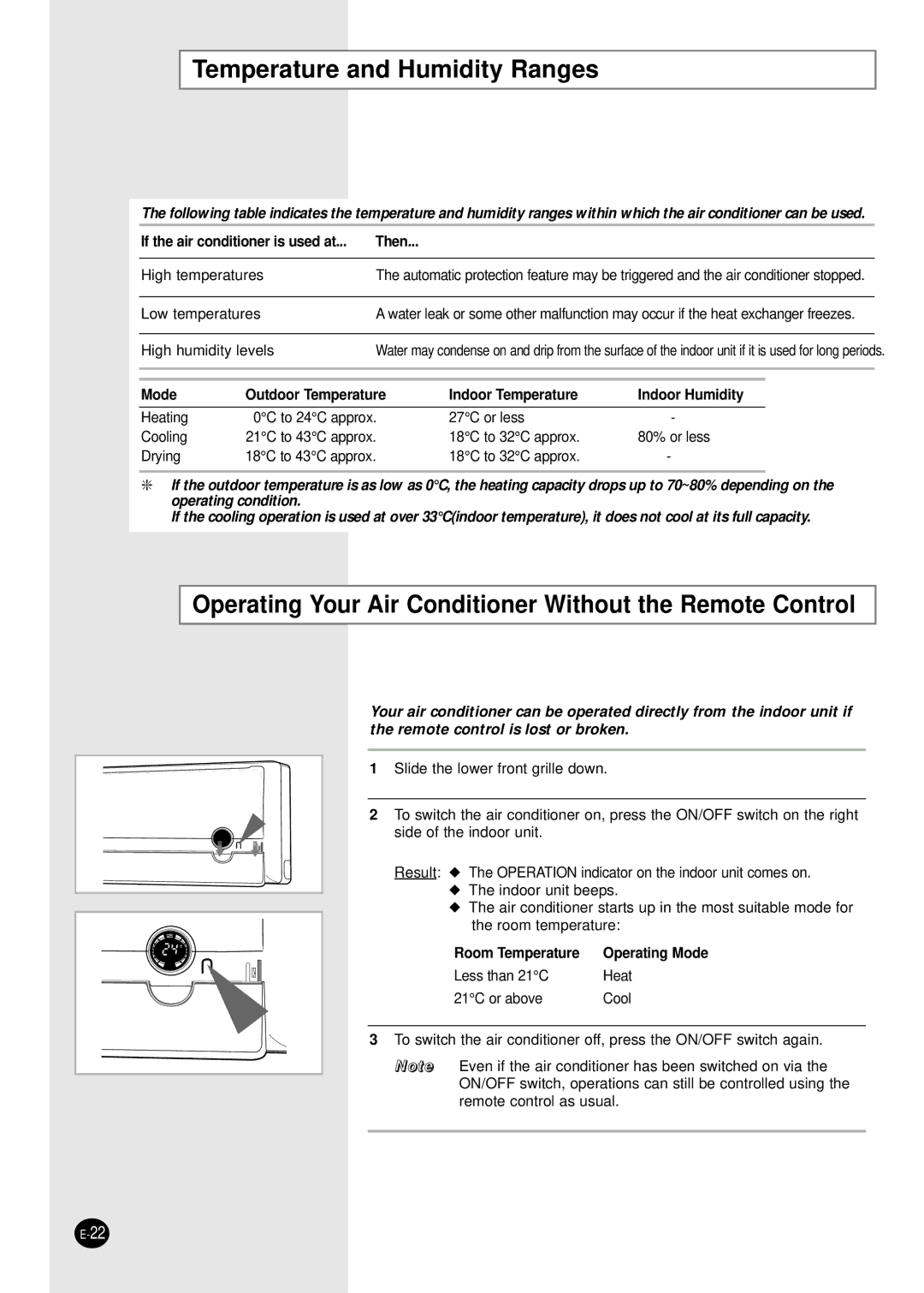 Samsung SH07APGAG, SH09APG manual Temperature and Humidity Ranges, Operating Your Air Conditioner Without the Remote Control 