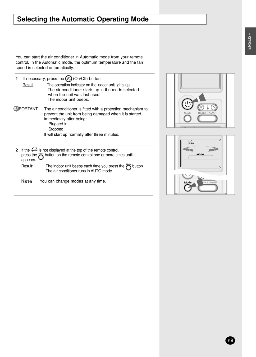 Samsung SH07APGG, SH09APGG, SH07APGAG manual Selecting the Automatic Operating Mode 