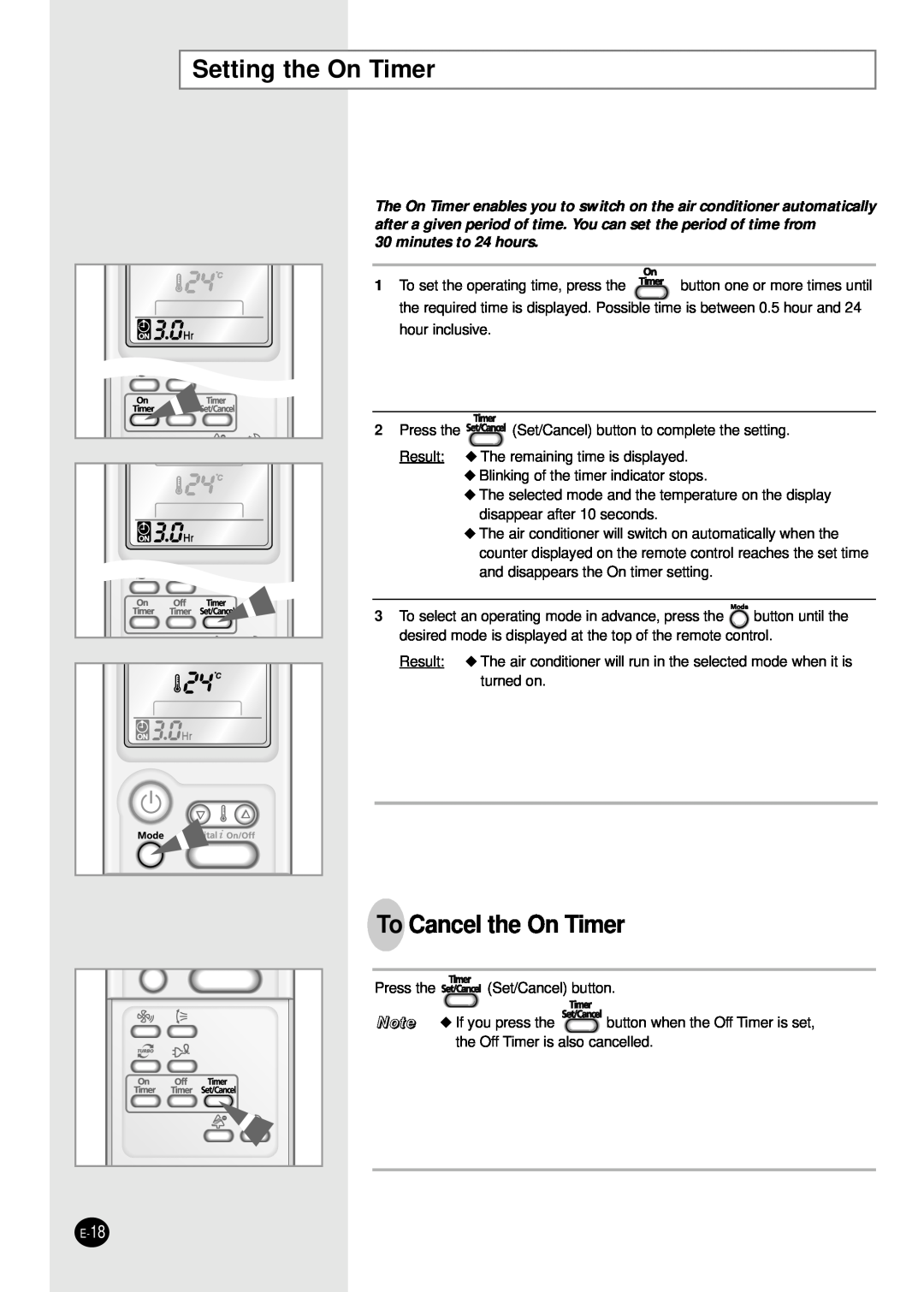 Samsung SH09APGG, SH07APGG, SH07APGAG manual Setting the On Timer, To Cancel the On Timer, minutes to 24 hours 