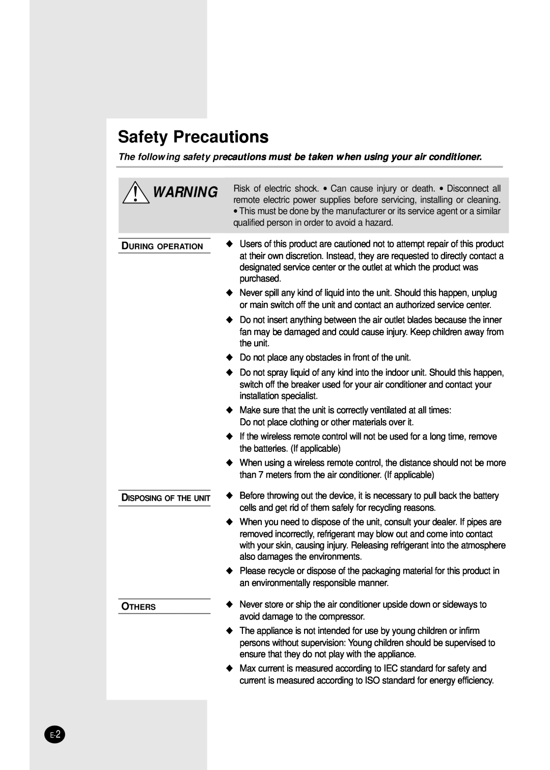 Samsung SH09APGG, SH07APGG, SH07APGAG manual Safety Precautions 