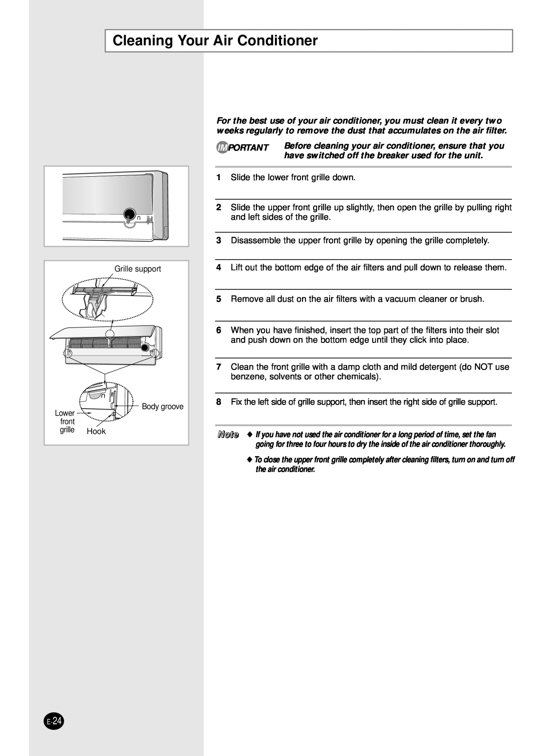 Samsung SH09APGG, SH07APGG manual Cleaning Your Air Conditioner, Before cleaning your air conditioner, ensure that you 