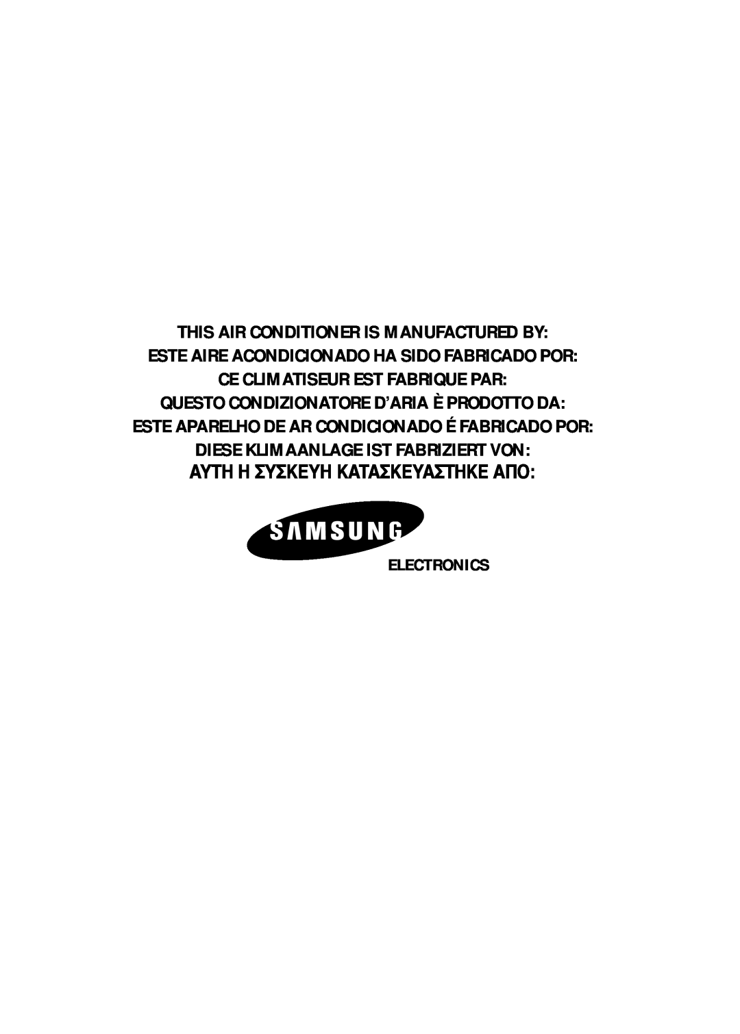 Samsung SH09APGG manual Electronics, This Air Conditioner Is Manufactured By, Este Aire Acondicionado Ha Sido Fabricado Por 