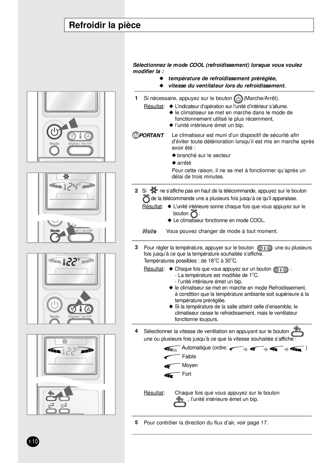 Samsung SH12APGXG, SH18AP0X, SH07APGXG, SH09APGXG, SH09APGG, SH24AP6X, SH24AP6G, SH18AP0G, SH12APGG manual Refroidir la pièce 