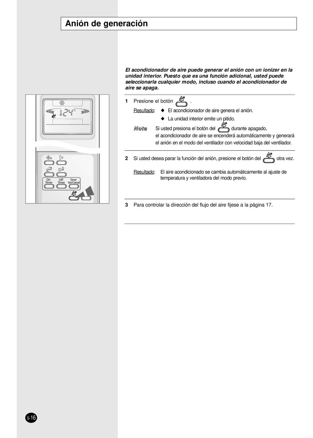 Samsung SH09APGG, SH24AP6X, SH18AP0G, SH12APGXG, SH12APGG, SH18AP0XG, SH09APGX, SH07APGX manual Anión de generación 