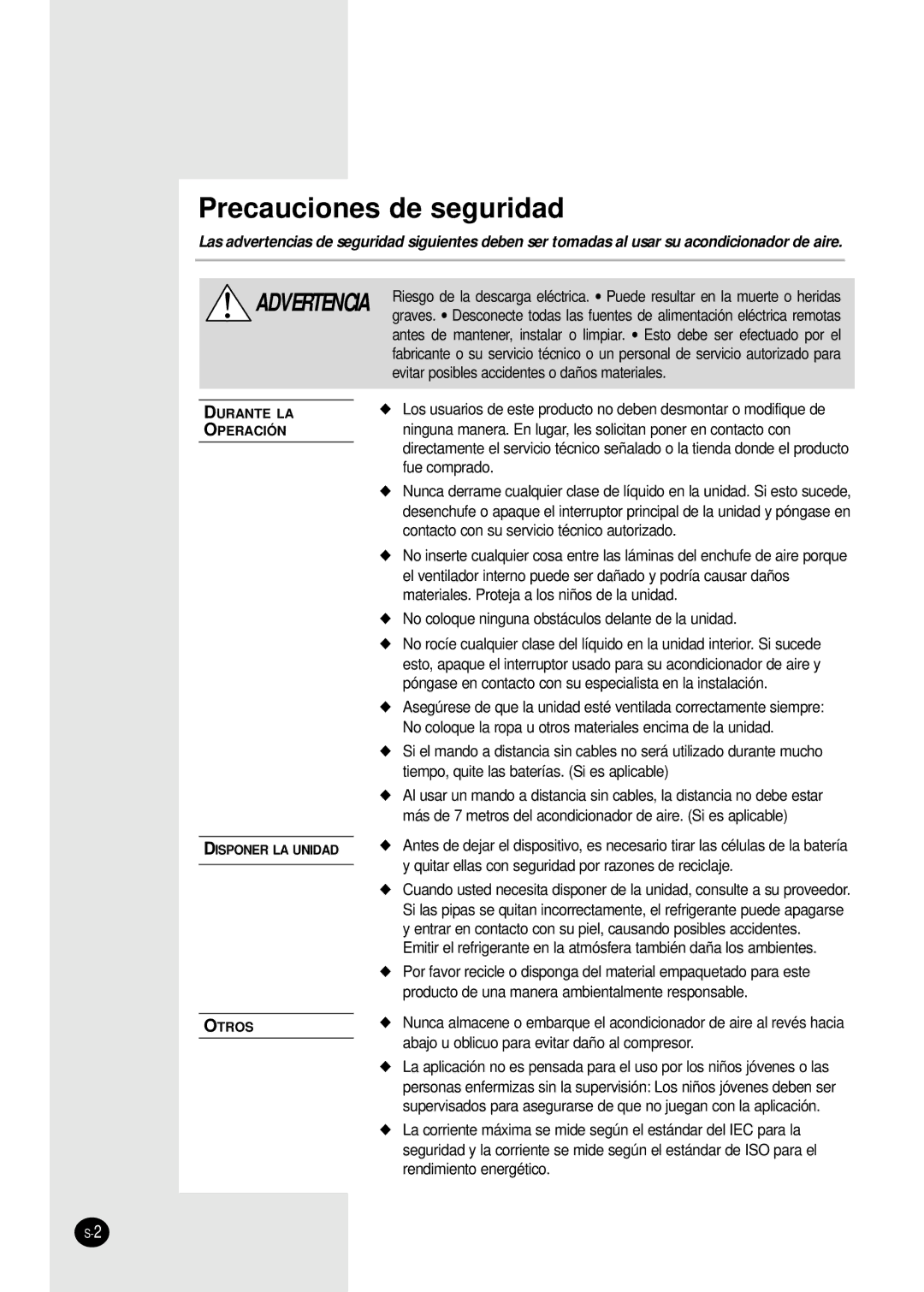 Samsung SH07APG, SH09APGG, SH24AP6X, SH18AP0G, SH12APGXG, SH12APGG, SH18AP0XG, SH09APGX manual Precauciones de seguridad 