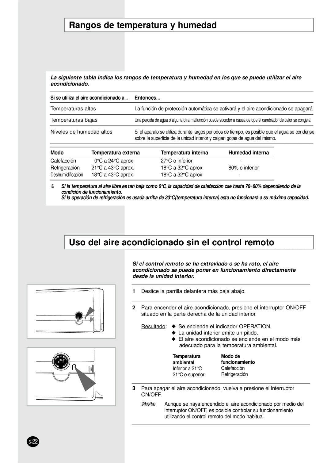 Samsung SH12APGXG, SH07APG, SH18AP0X manual Rangos de temperatura y humedad, Uso del aire acondicionado sin el control remoto 