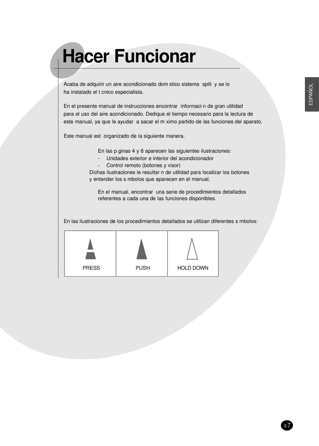 Samsung SH12APGXG, SH09APGG, SH24AP6X, SH18AP0G, SH12APGG, SH18AP0XG, SH09APGX, SH07APGX manual Hacer Funcionar 