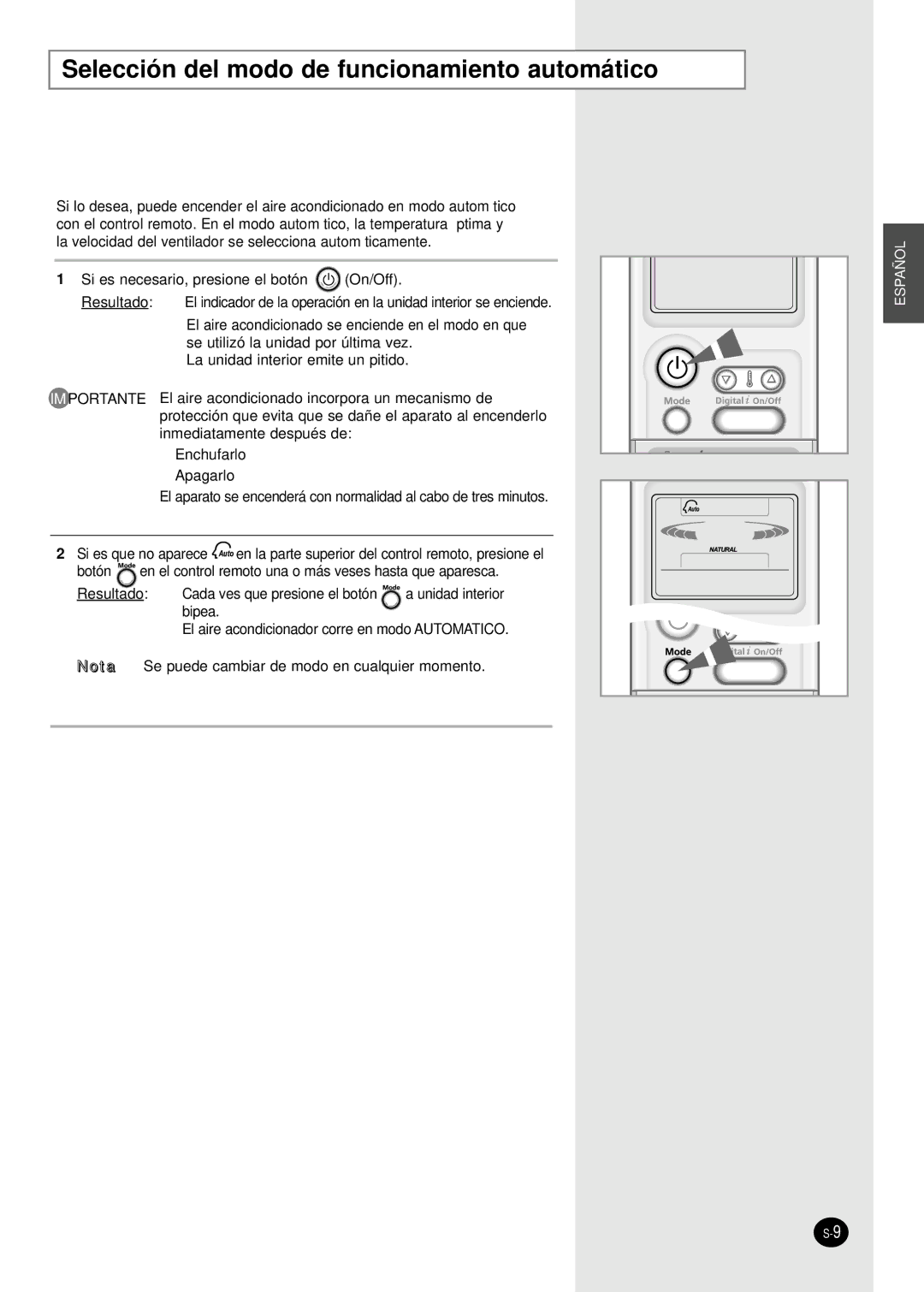 Samsung SH18AP0XG, SH07APG, SH12APGX, SH09APGG, SH24AP6X, SH18AP0G, SH12APGG Selección del modo de funcionamiento automático 