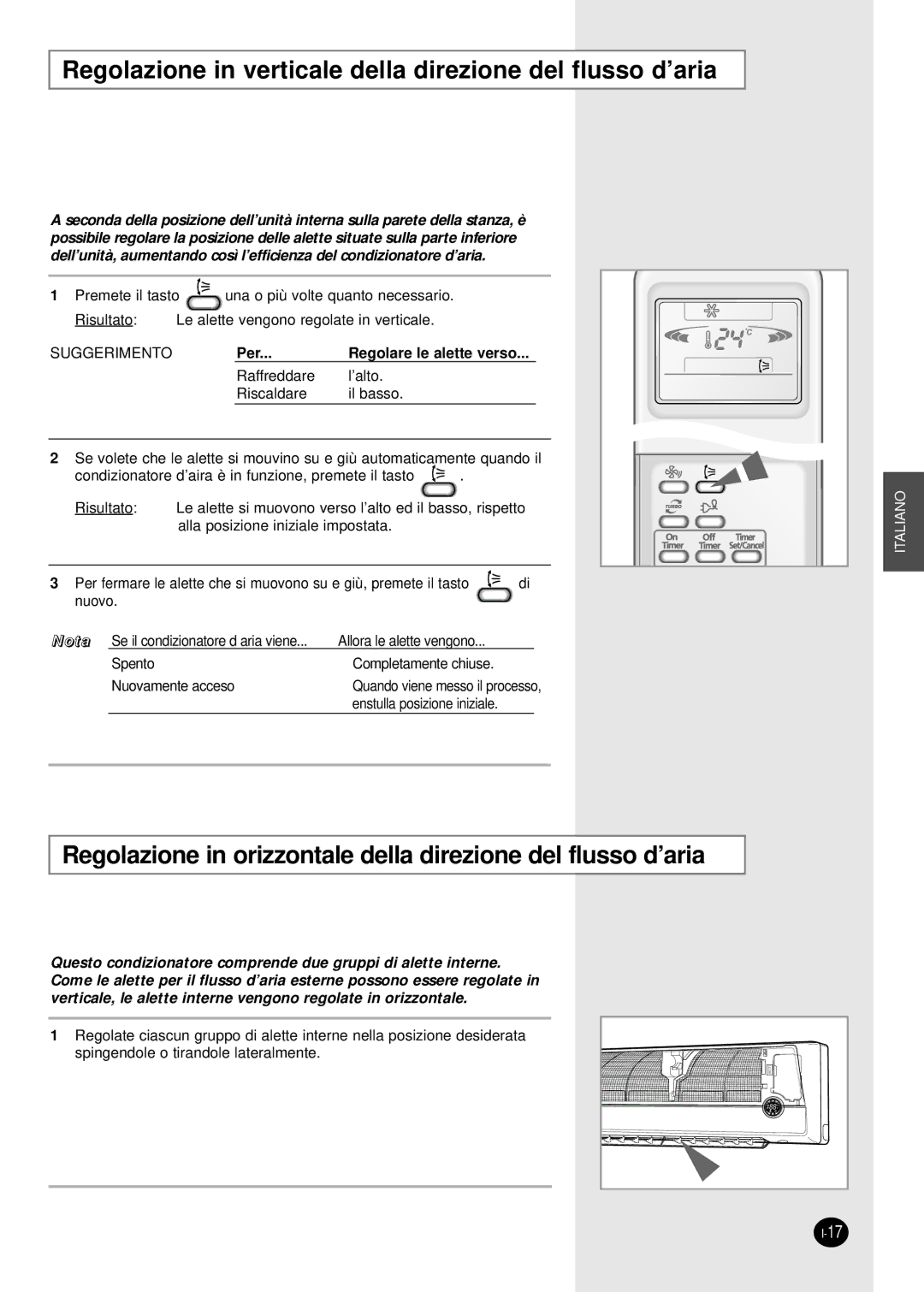 Samsung SH24AP6X, SH07APG, SH18AP0X, SH12APGX, SH09APGXG manual Regolazione in verticale della direzione del flusso d’aria 