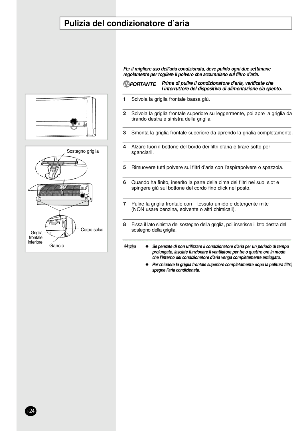 Samsung SH07APG, SH18AP0X, SH12APGX, SH09APGXG, SH24AP6X Pulizia del condizionatore d’aria, Sostegno griglia Corpo solco 